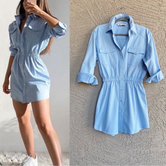 Zara Dresses & Skirts - ZARA BLOGGER FAVE Light Blue Linen Blend Snap Long Sleeve Shirtdress Shirt Dress
